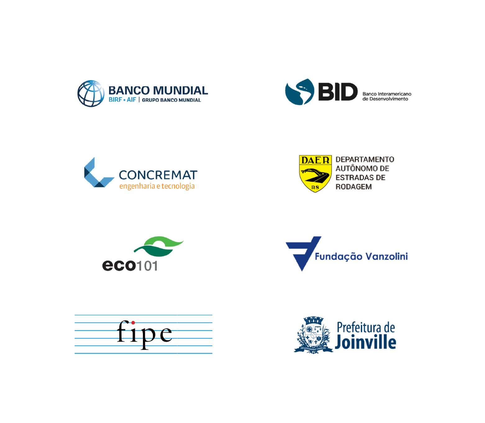 Banco Mundial, BID, Concremat, DAER, ECO101, Fundação Vanzolini, FIPE, Prefeitura de Joinville