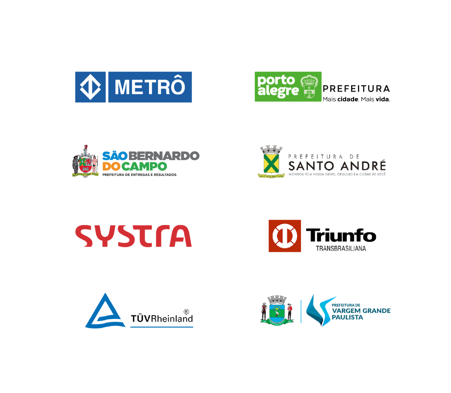 Metro SP, Prefeitura de Porto Alegre, Prefeirura de São Bernardo do Campo, Prefeitura de Santo André, Systra, Triunfo Transbrasiliana, TÜV Theinland, Prefeitura de Vargem Grande Paulista